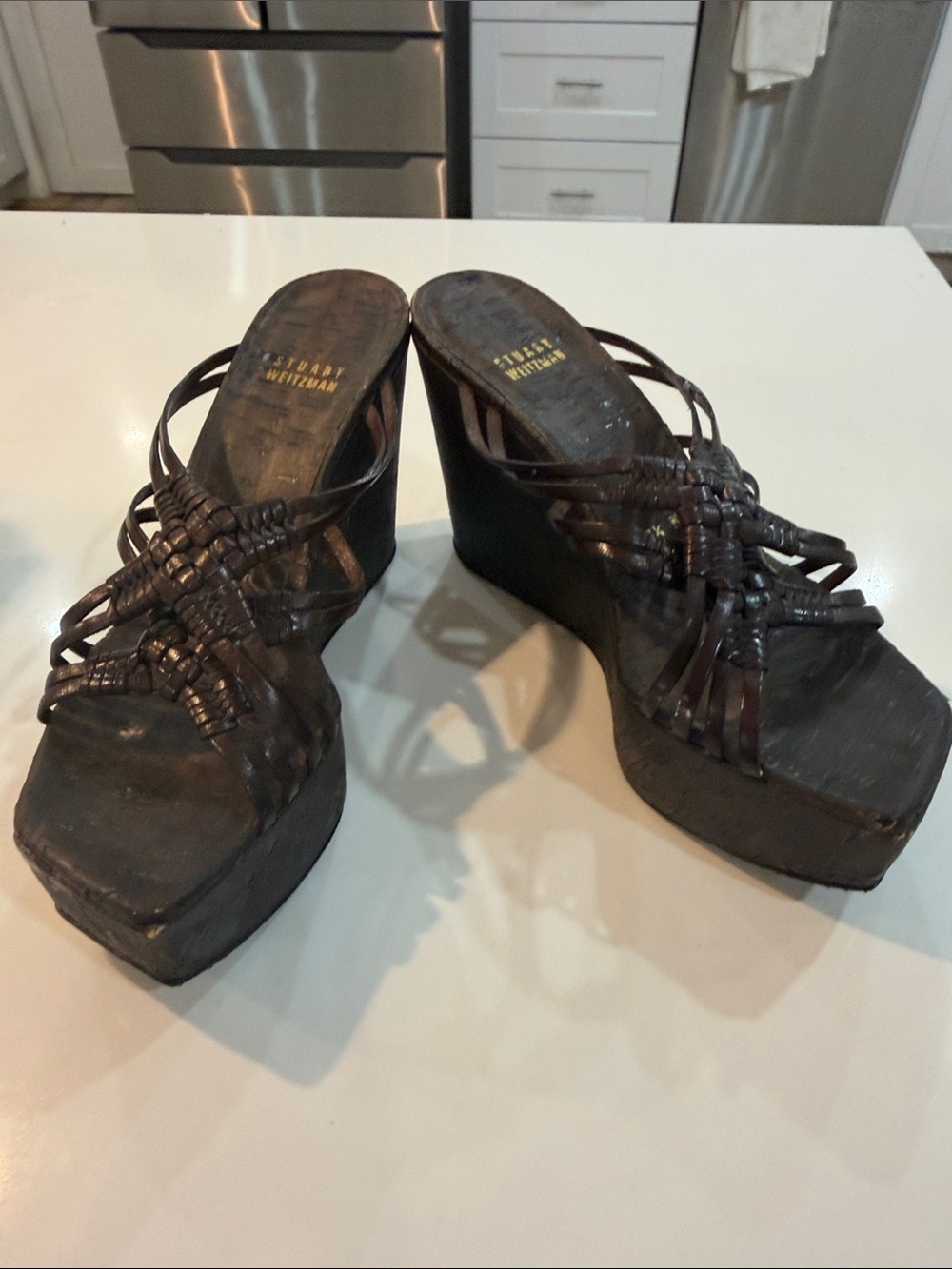 Stuart Weitzman Dark Brown Woven Leather Wedge Sandals vintage👠 - Picture 11 of 17